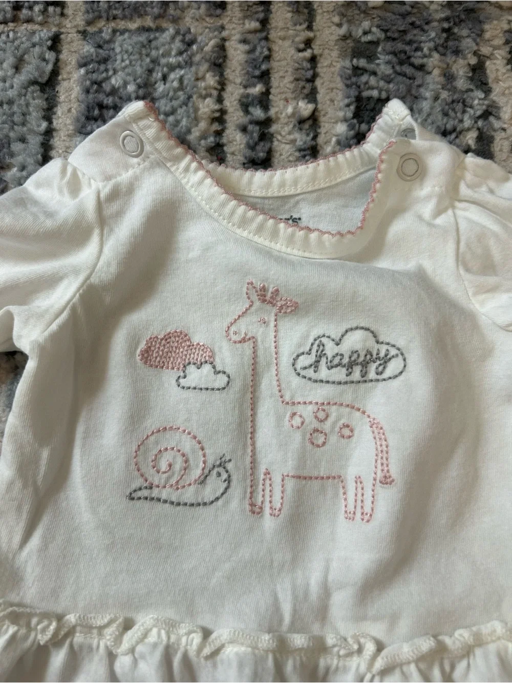 Baby White Long-Sleeve Ruffle Hem Top with Pink Giraffe Embroidery